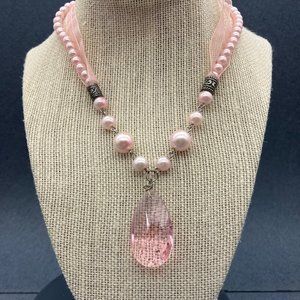 Y Drop Necklace Pink Pearl Ribbon Faceted Teardrop Silver Barbie Cottage Granny
